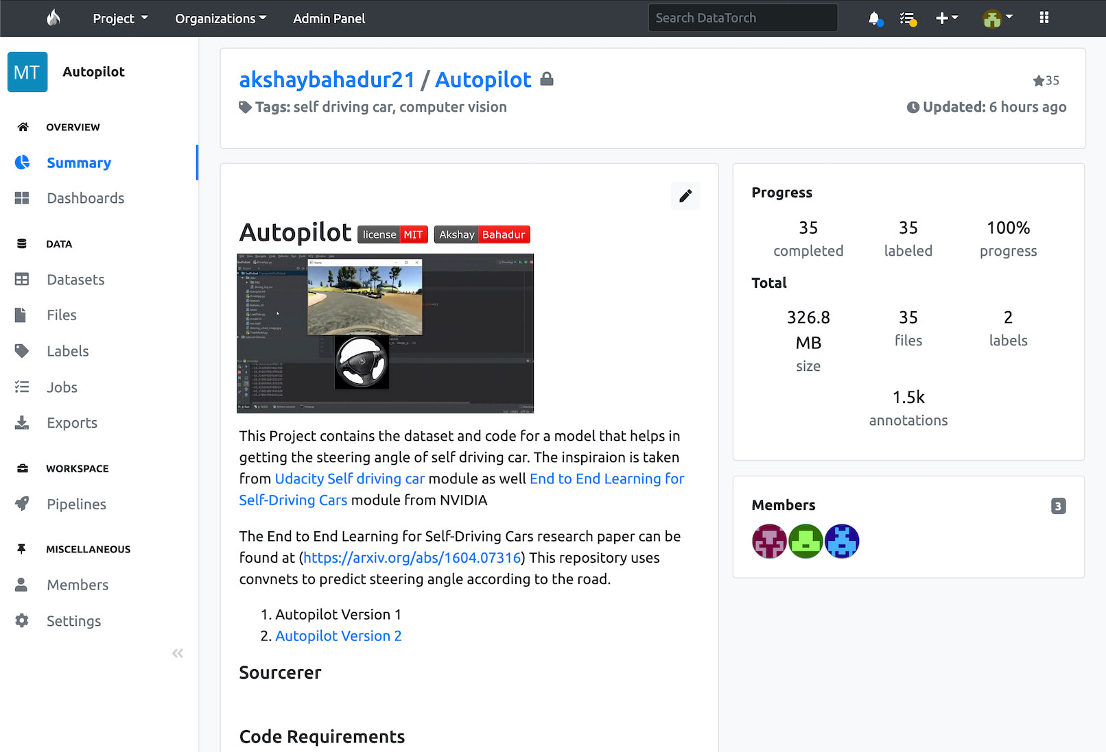 Summary page of an example project.